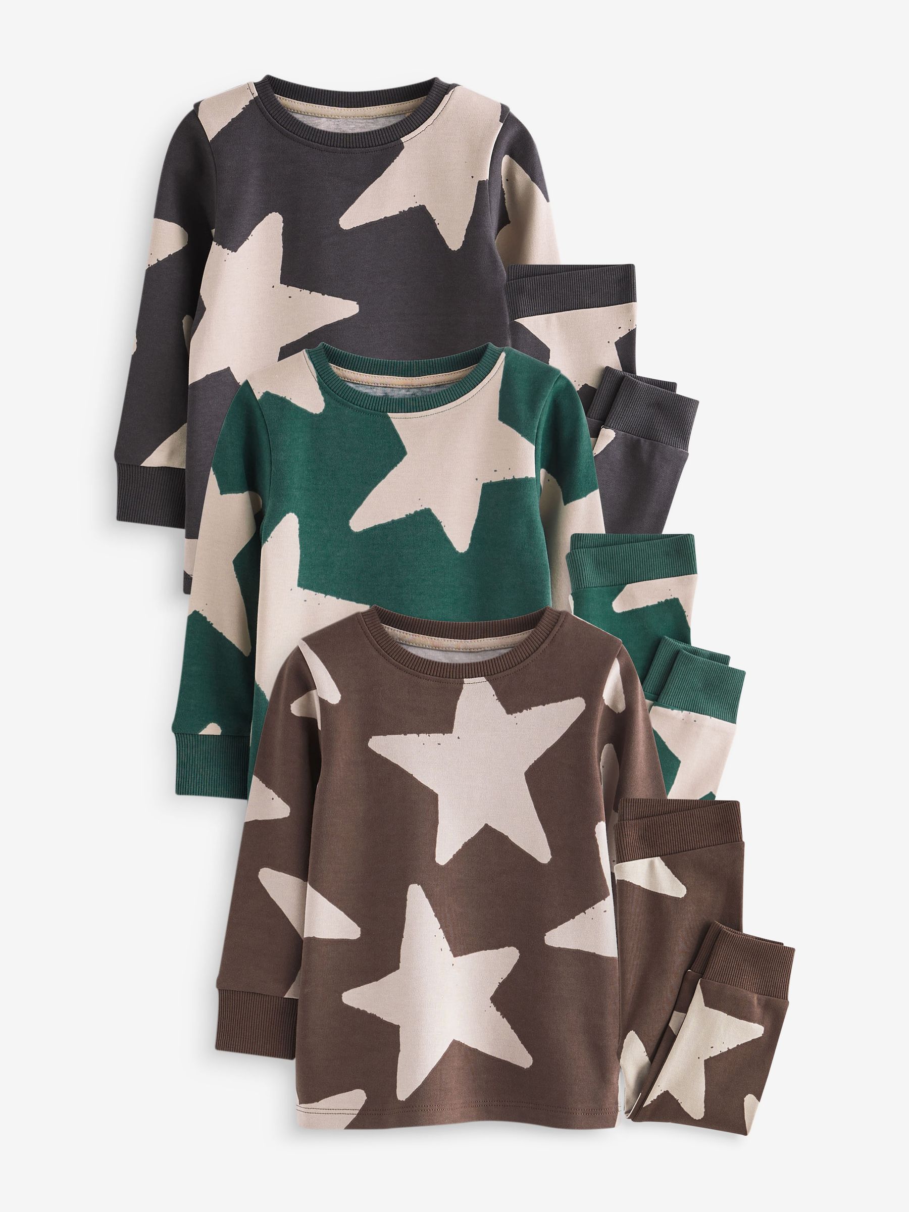 Groen/ecru/bruin met sterren - Verpakking van 3 knusse pyjama's (9 mnd-10 jr)