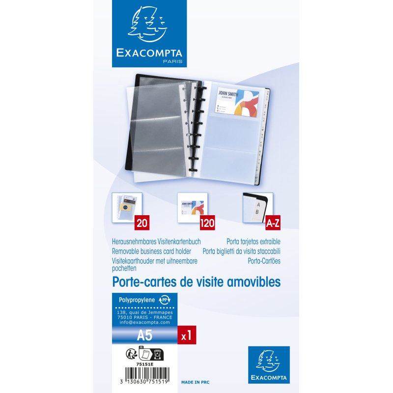 Porte-cartes de visite Exacompta polypropylène 16 x 21 cm noir- 120 cartes