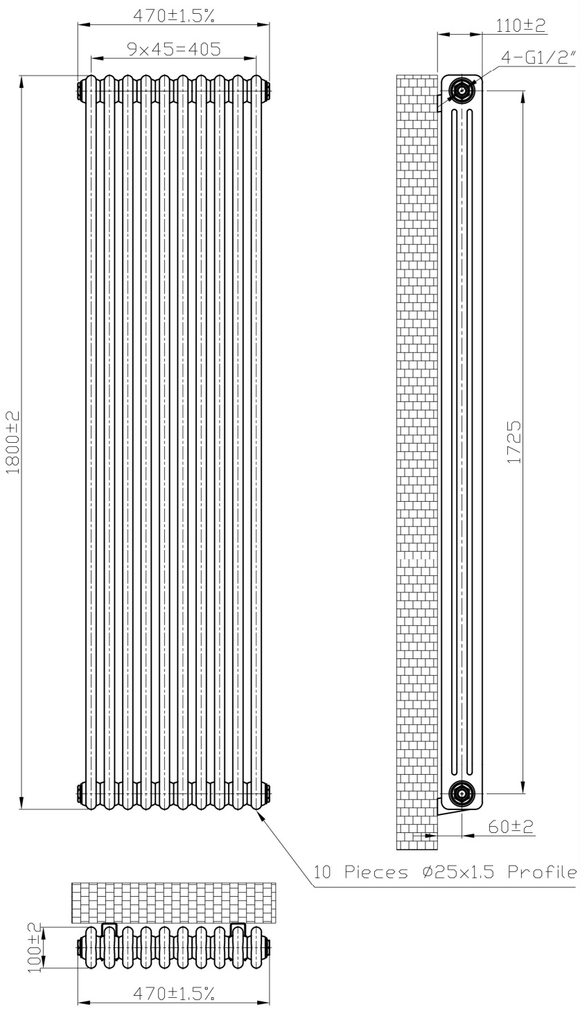 Eastbrook Imperia 3 koloms radiator 45x180cm 2623W zwart mat