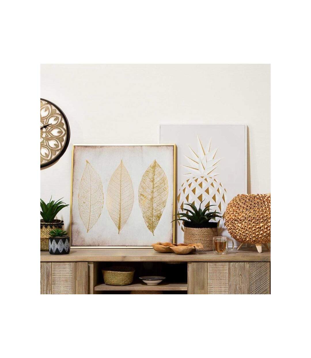 Cadre Déco Imprimé Feuilles 58x58cm Or