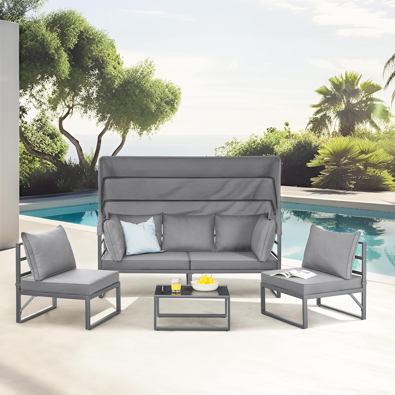 SVITA Maui Gartenmöbel-Lounge-Set mit Dach Outdoor-Sofa Strandkorb-Sonneninsel Stahl Hellgrau