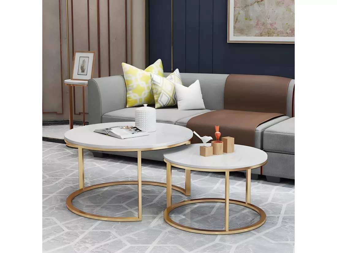 Lot de 2 tables basses gigogne arto gold pleateau verre effet marbre blanc
