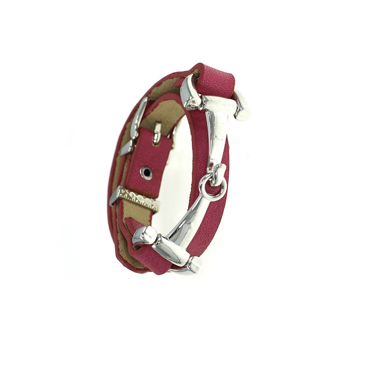 Bracelet métal et cuir véritable rose