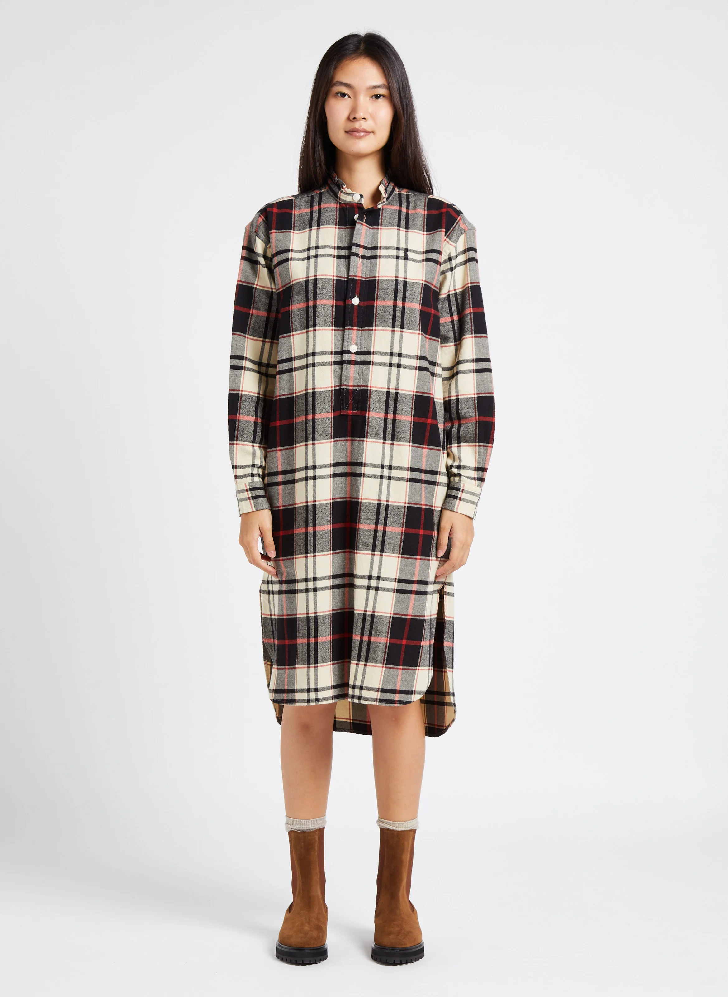 Robe chemise col mao à carreaux en coton | Multicolore