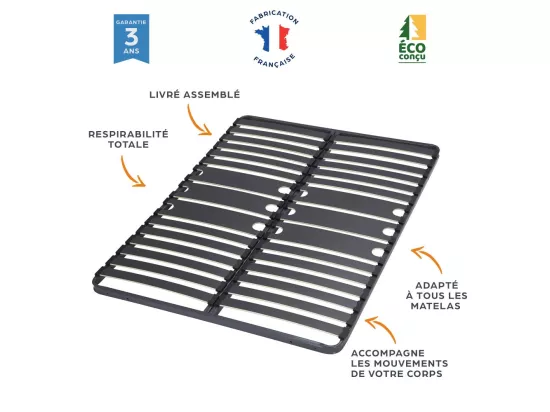 Sommier à lattes + pieds 140x190 C416 - 30 lattes bois - Fabrication française
