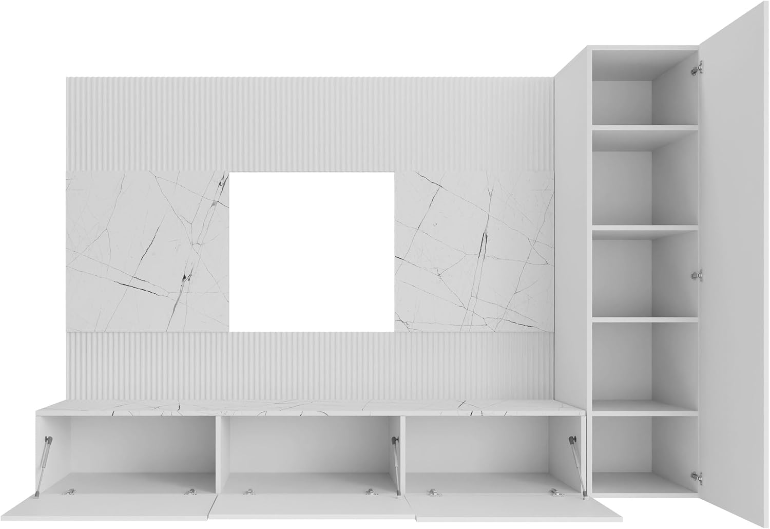 Mirjan24 Wohnwand Deromi VI, Anbauwand mit Wandpaneele und TV-Lowboard, Akustikplatten, Fernsehschrank, Schrankwand, Mediawand, Hängeschrank (Schwarz + Schwarz Marmor)