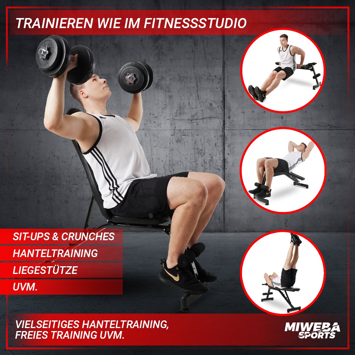 Miweba Sports Hantelbank MB200, klappbar, Schrägbank/Flachbank, verstellbar, 200 kg, EVA-Polster (MB-200PowerRope)