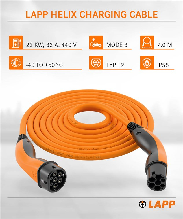 (7m) Selbstaufrollendes Helix 22kW/32A Elektroauto Ladekabel 3-phasiges Stromkabel für Hybrid- / E-Autos mit Typ 2 Anschluss (75746) - Orange
