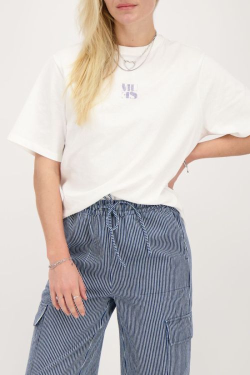 Wit T-shirt met blauwe denim fotoprint Muse
