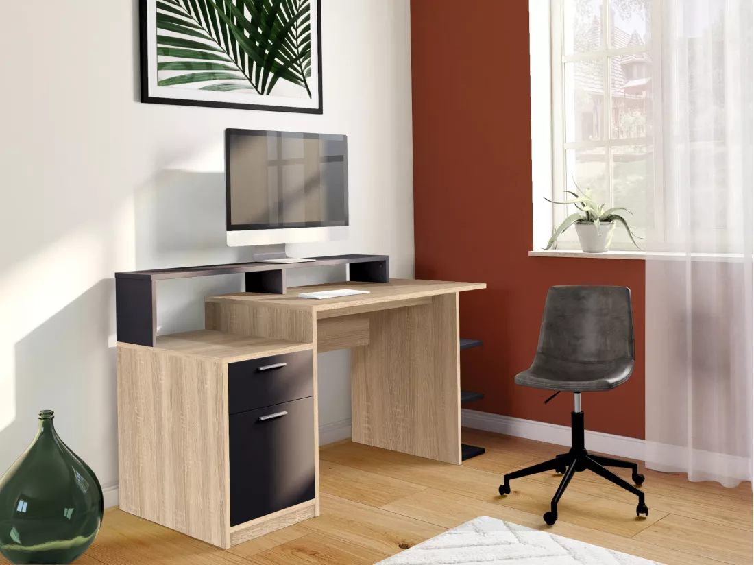 Bureau avec rangements ZACHARIE - Coloris : chêne et noir