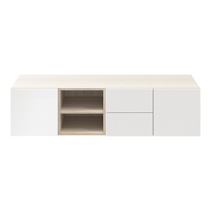 Meuble TV effet chêne avec portes blanches brillantes GoodHome Atomia H. 37,5 x L. 150 x P. 37 cm