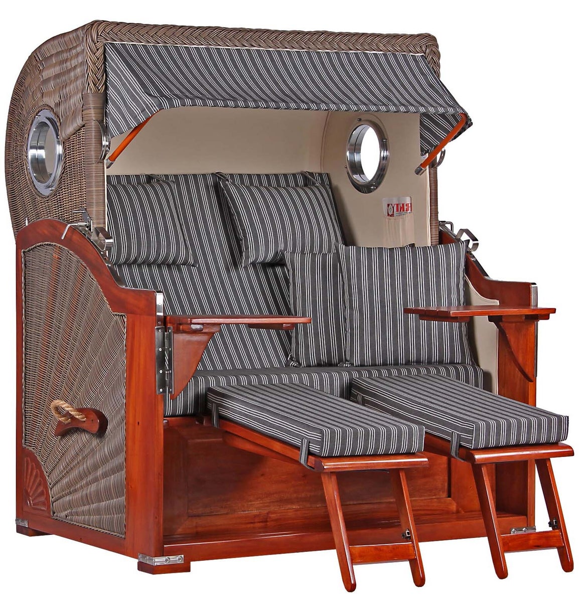 Westerland strandstoel, mahonie, patrijspoort, PE grijs, design 500