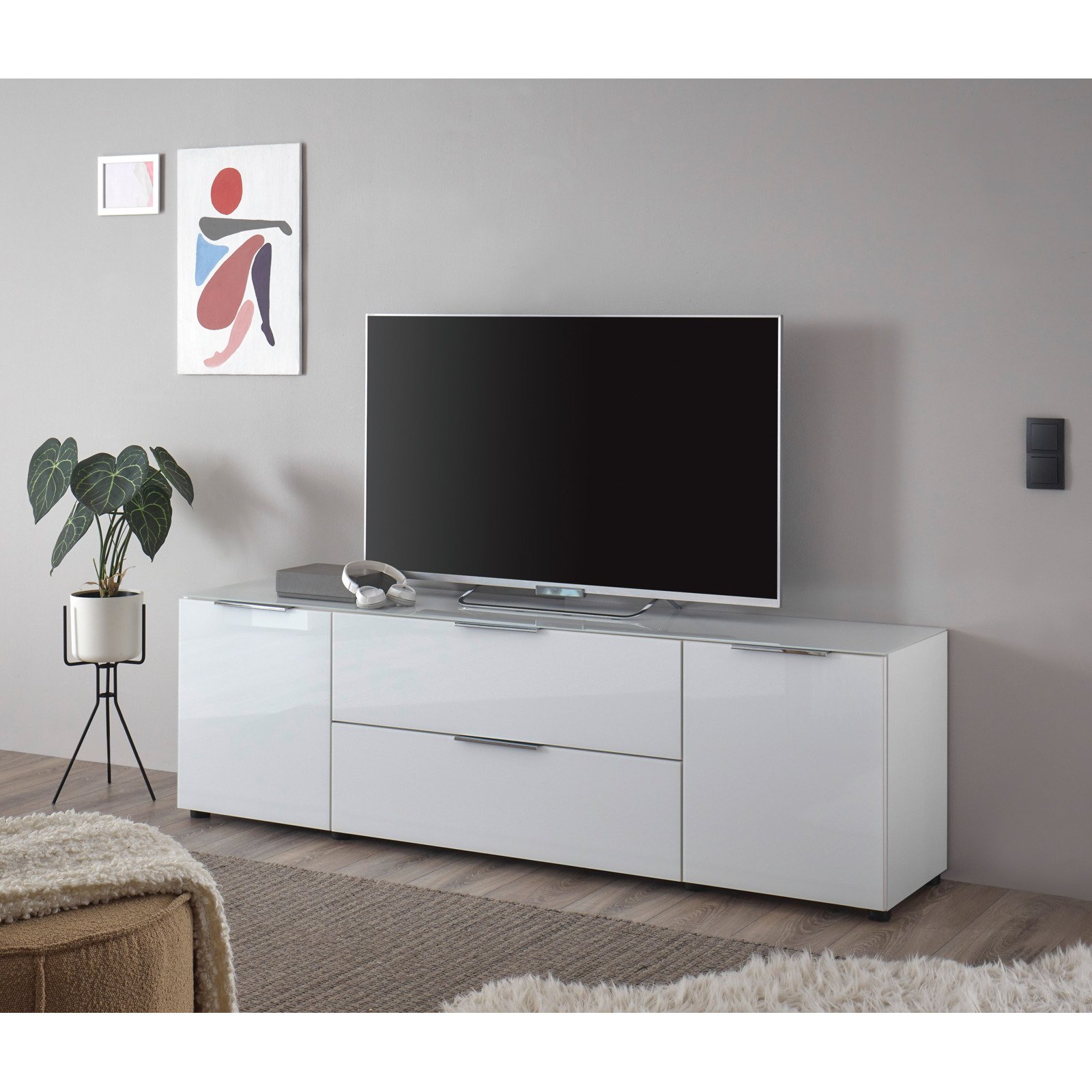 TV-Möbel Santo, Spanplatte Glas weiss, 180,5 x 54,5 x 40 cm