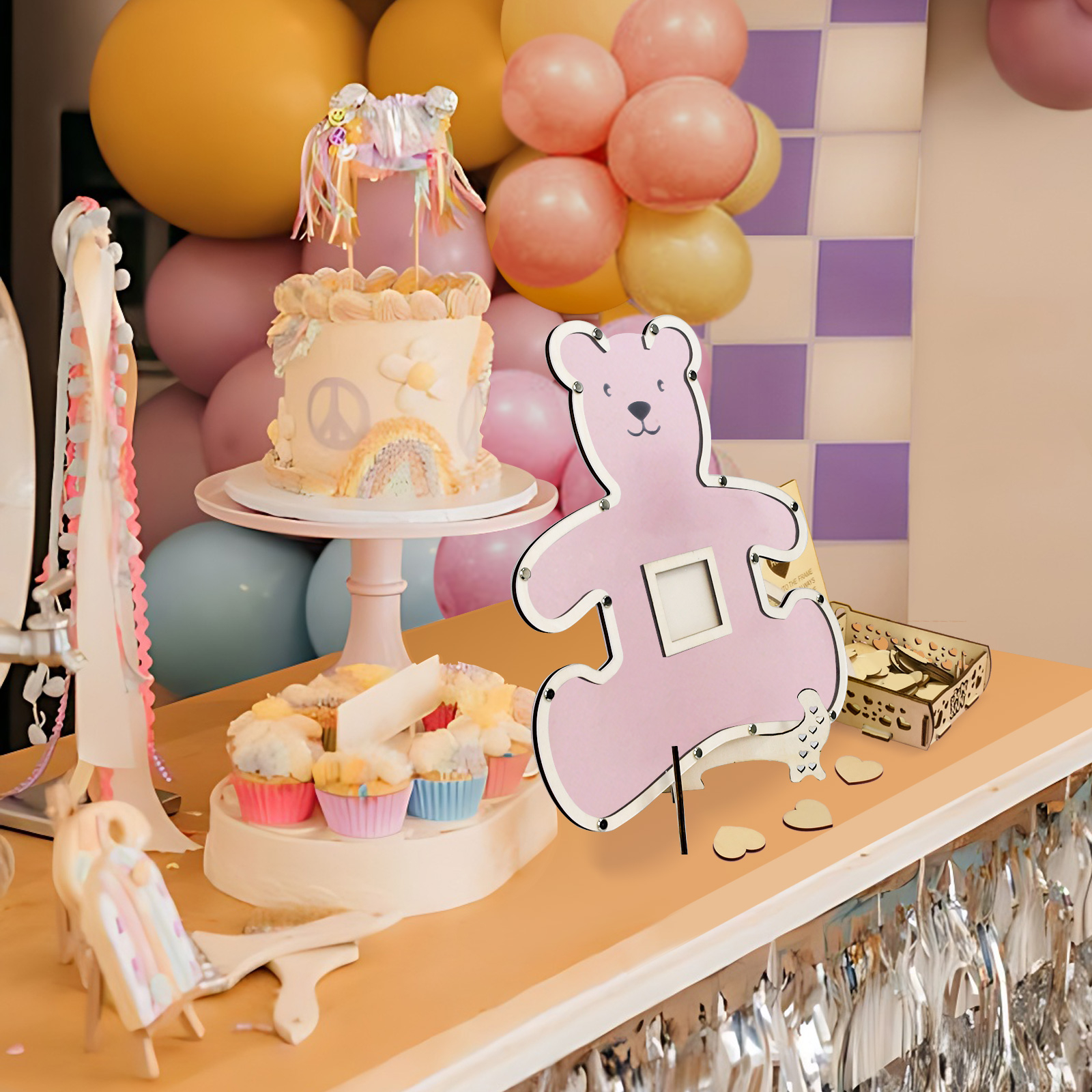 (37x35cm) Echtholz Teddy Bär Baby Shower Gästebuch Aufstellbares Party Gender Reveal Guest Book für 80 Gäste - Rosa
