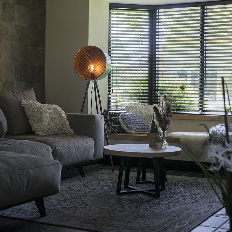 Vintage vloerlamp op bamboo driepoot groen met koper - Barrel