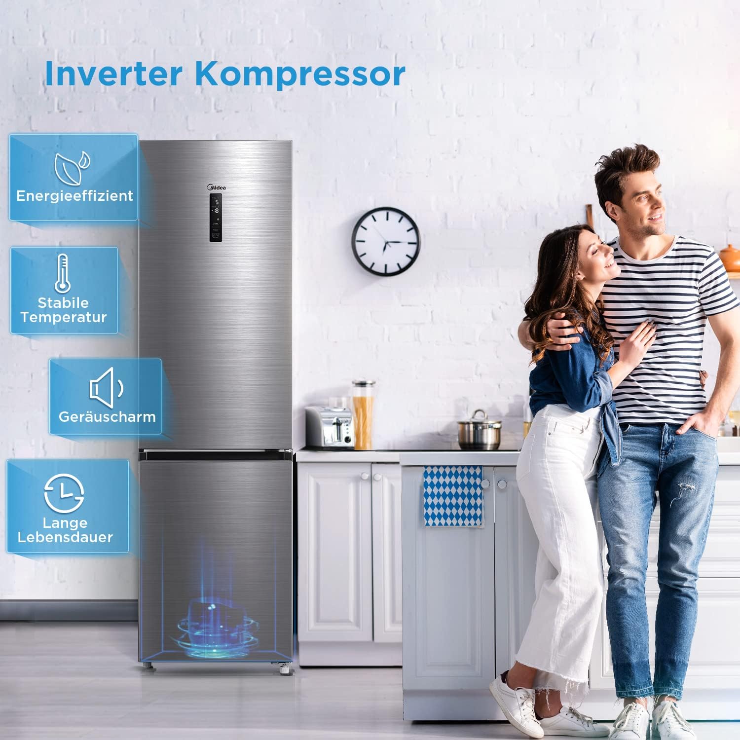 Midea MDRB521MGA46O Kühl-/Gefrierkombination/NoFrost/Besonders leise 29dB/Inverter Kompressor/Niedrigtemperaturzone/180° Verstellbare Gefrierfach-Schublade/201 cm hoch/256 L Kühlteil/122 L Gefrierteil