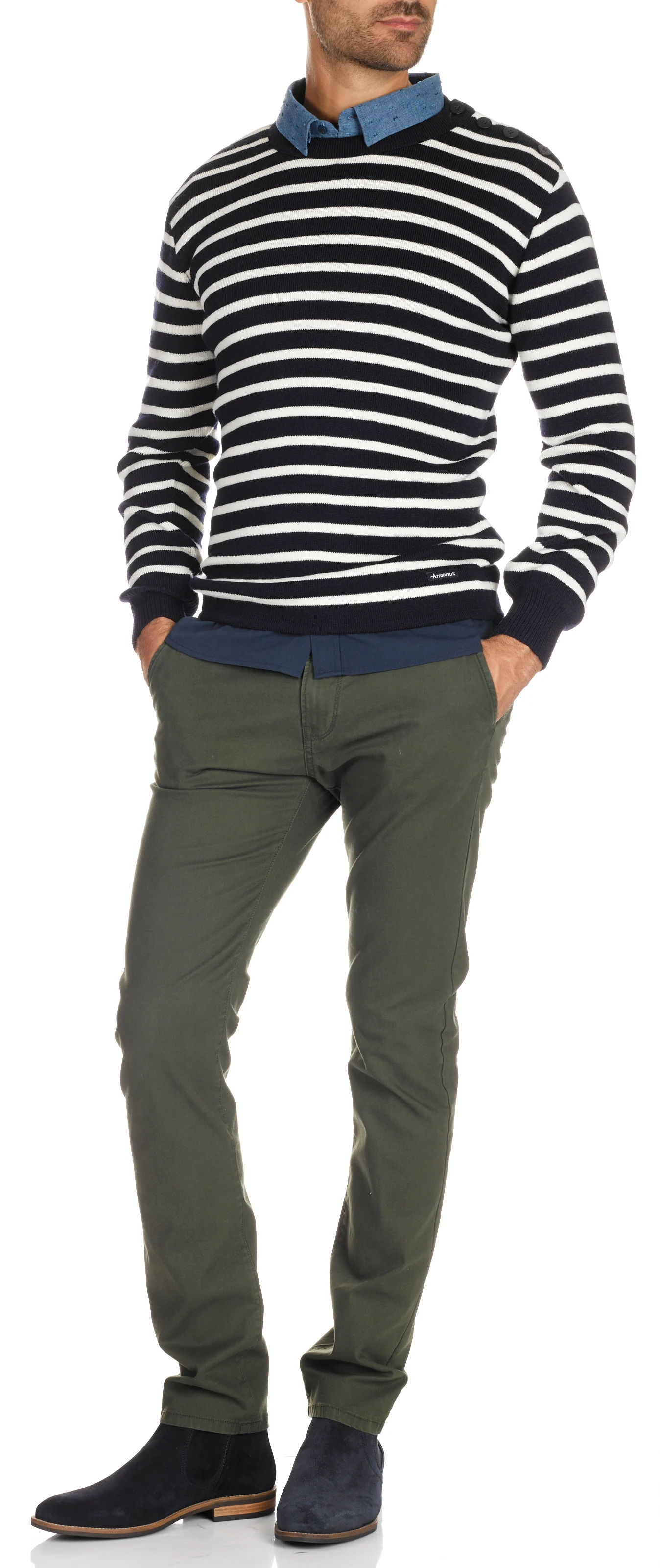 Marinière slim à épaule boutonnée en laine | Bleu