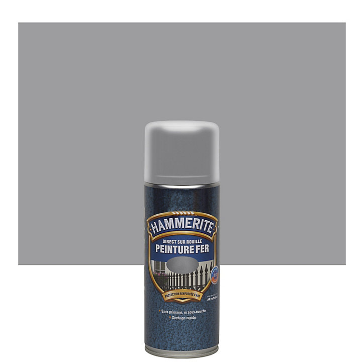 Peinture aérosol extérieure métal direct sur rouille Hammerite martelé gris argent 400ml