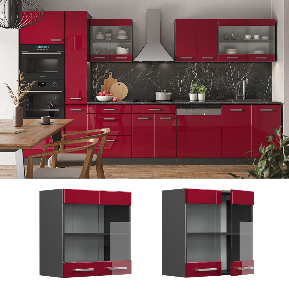 Vicco Hängeglasschrank Küchenschrank Küchenzeile R-Line 60 cm Anthrazit Bordeaux Tür Fächer