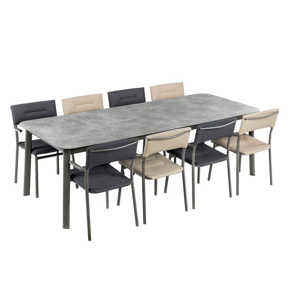 Set 1 Gartentisch 8-10 Personen ausziehbar und 8 Gartensessel Oron HPL Ciment