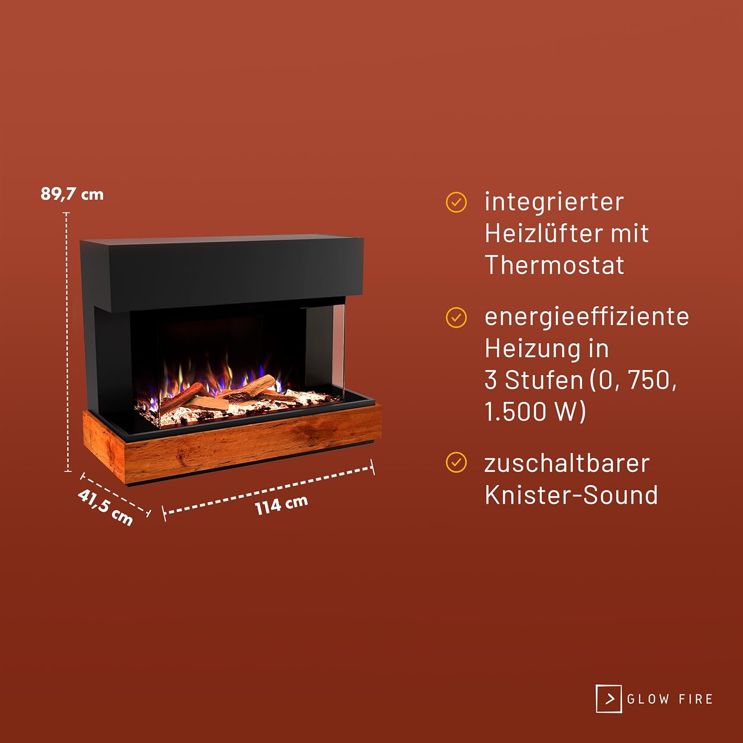 GLOW FIRE Kaminofen Curie mit realistischem 3D E-Motion LED-Feuer - Stand-Elektrokamin mit Heizung, Kaminfeuer & Timer, max. 1500 W, 114x89x41,5, Schwarz