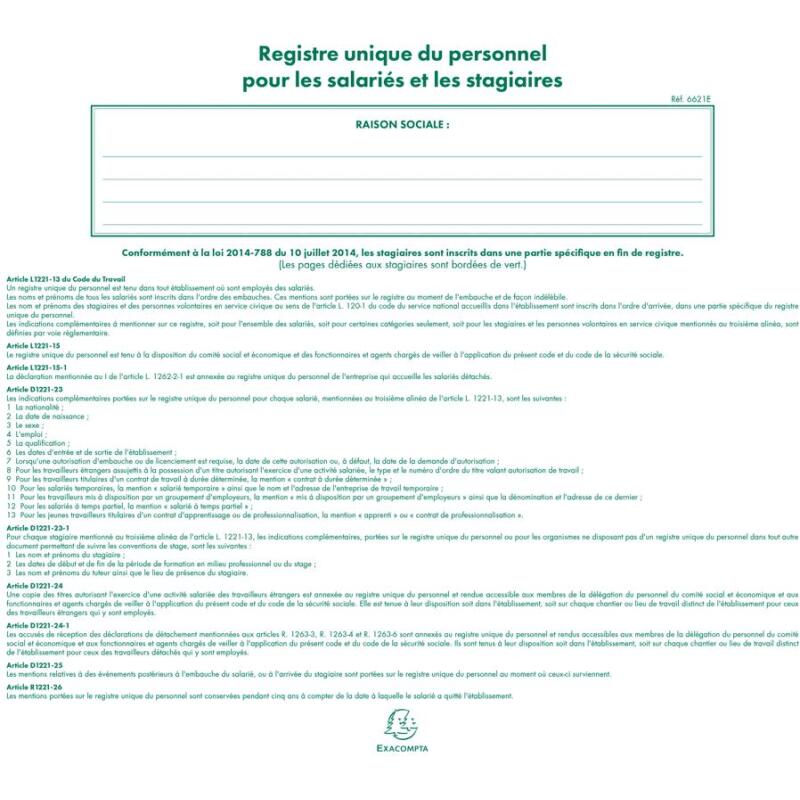 Registre 27x32cm - Registre unique du personnel (salariés et stagiaires) - 100 pages