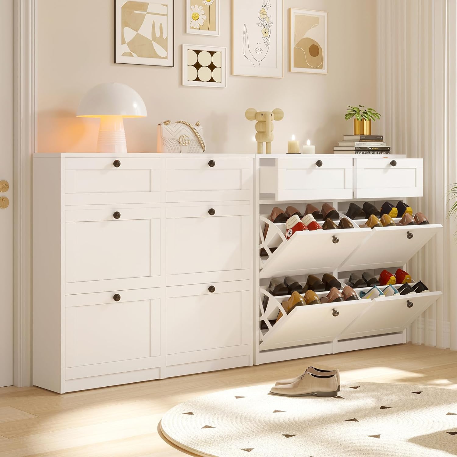 VOWNER Schuhschrank mit 4 Klappen, Schuhregal Schuhkipper Schmal, Schuhschrank Weiss, Schuhablage Verstellbar, 105 x 24 x 100 cm, Anti-Kipp-Vorrichtung für Eingangsbereich, Flur (Weiss)