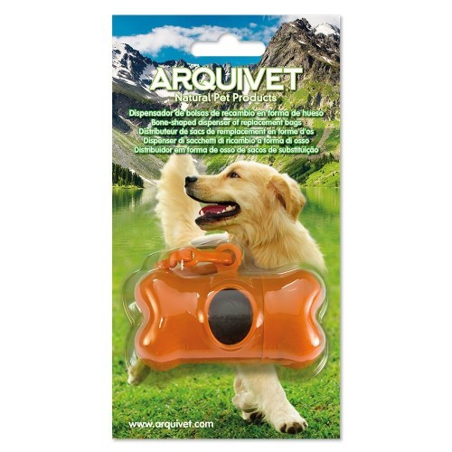 Dispensador de sacos para dejetos caninos em formato de osso, cor laranja.