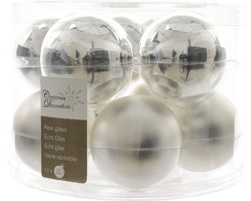 Kerstballen, verpakking van 10, glas, 6 cm, zilver
