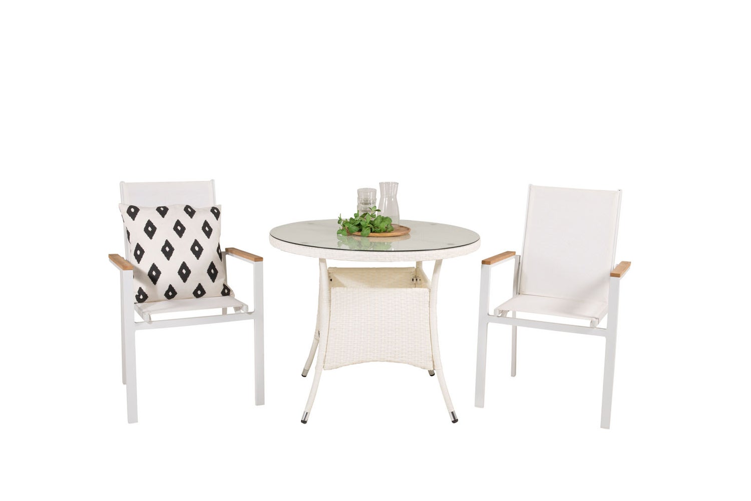 Volta tuinset, tafel Ø90cm en 2 stoelen, Texas wit. 90 x 90 x 74 cm