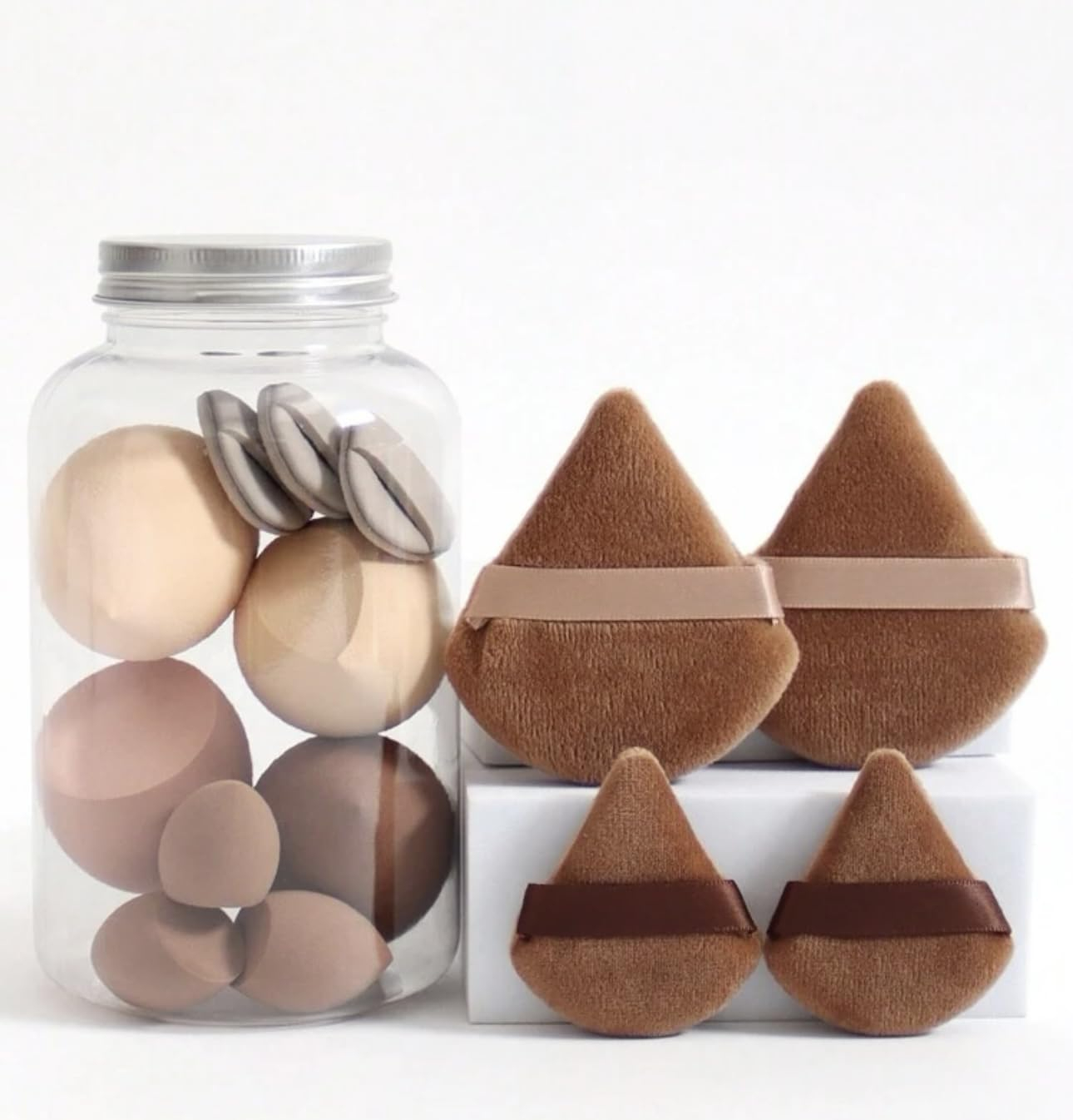 (14-tlg. Set) Make Up Kosmetik Schwamm / Puderquaste / Beauty Blender mit Aufbewahrungsbox - Braun