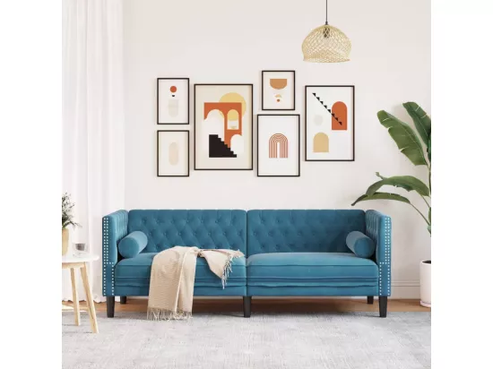 Canapé Chesterfield avec traversins 3 places bleu velours
