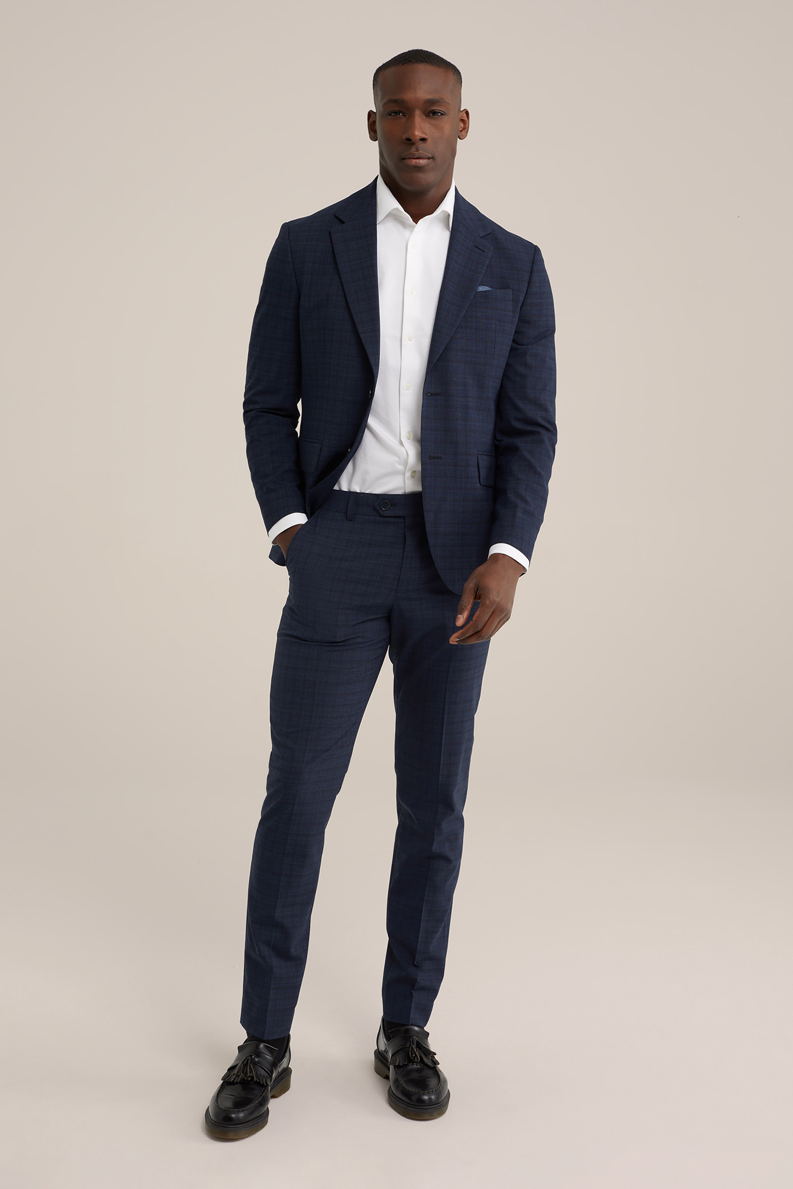 premium slim fit pantalon met ruitdessin WE Fashion Donkerblauw