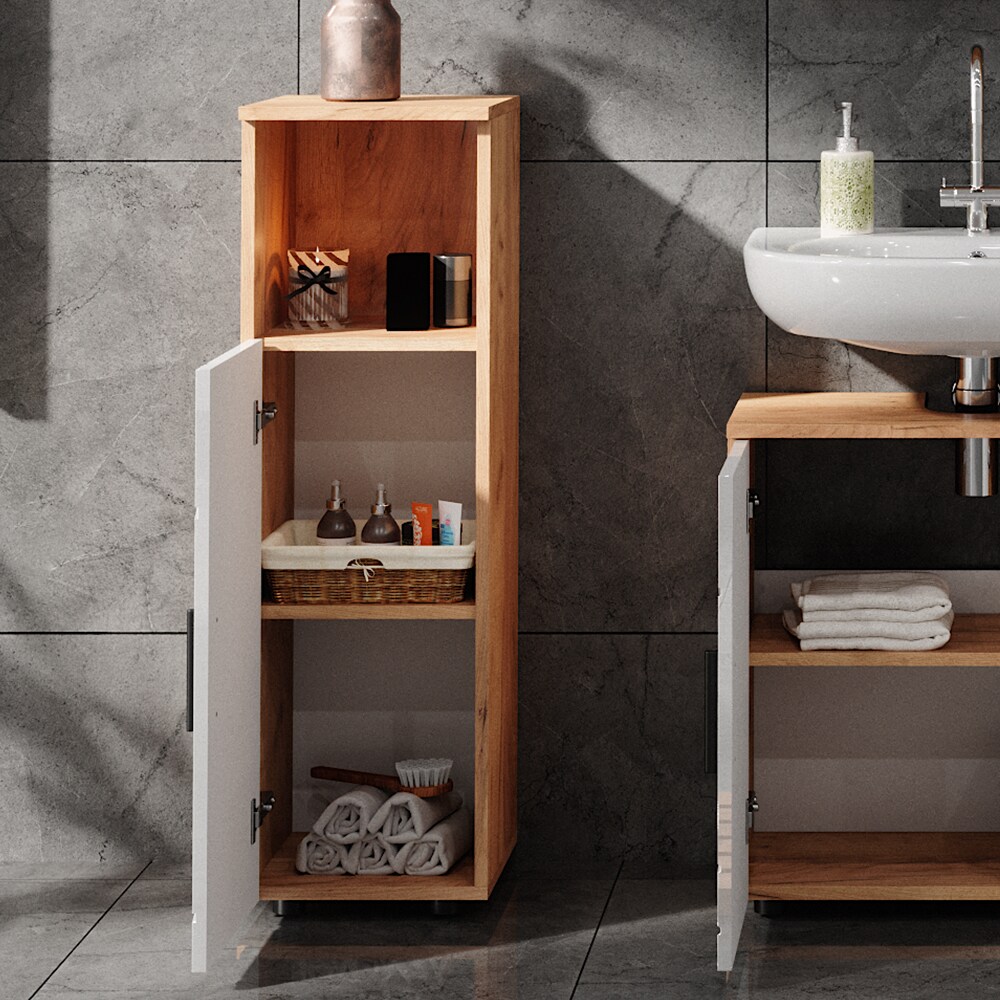 Vicco Midischrank Badschrank Badezimmermöbel Irma Eiche Weiß Hochglanz modern 30x95 cm Badezimmer Schrank Badkommode Badmöbel Fach Tür
