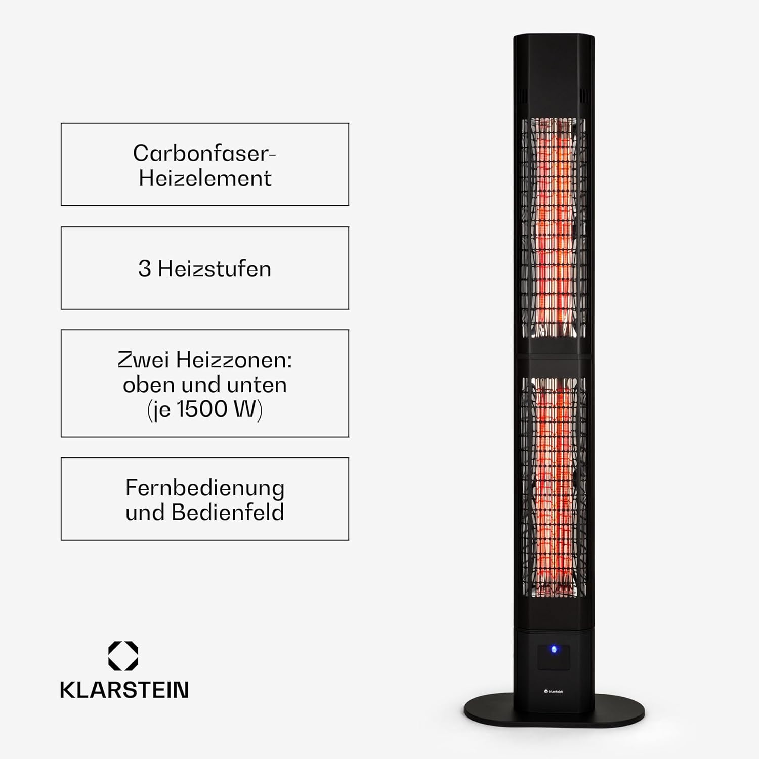 blumfeldt Heat Guru, Infrarot Heizstrahler Terrasse, Infrarotheizung, IP54 Outdoor, Standgerät mit Fernbedienung, Infrarotstrahler 3000W