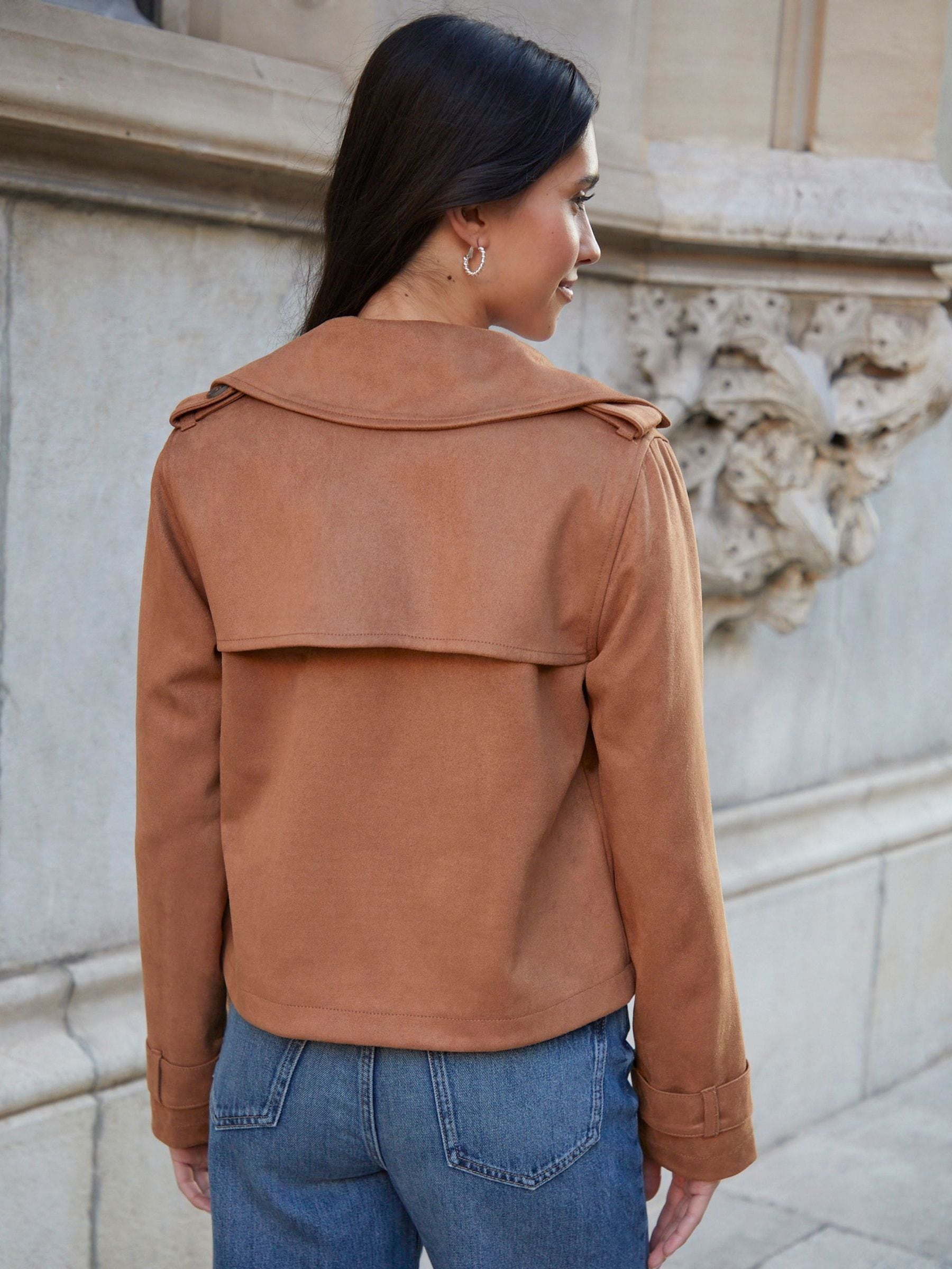 Taupe - Threadbare Suedette Cropped Trench Jacket