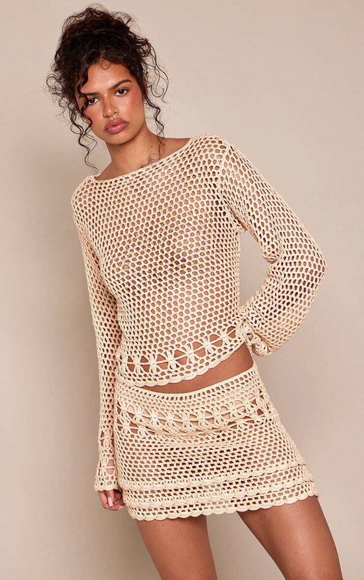 Avoine Haut À Manches Longues En Crochet Ajouré