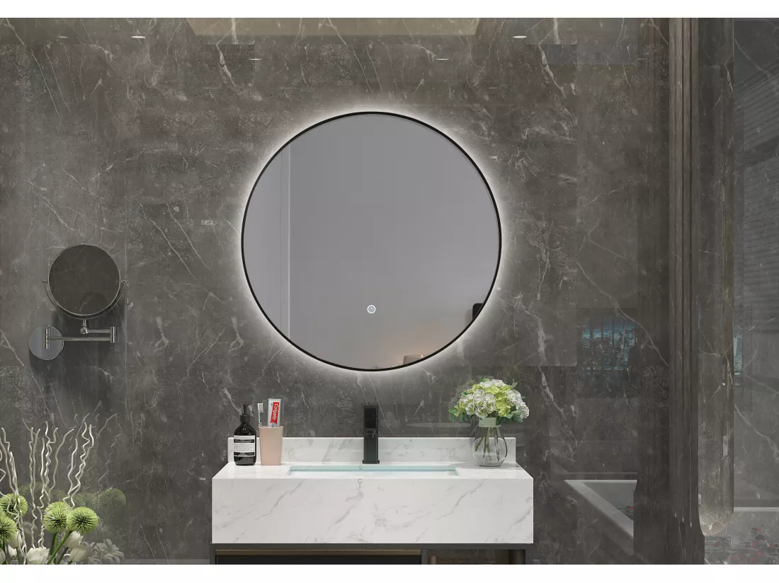 LuxuryBain- Miroir de salle de bain LED à luminosité variable 60cm rond avec cadre en aluminium noir