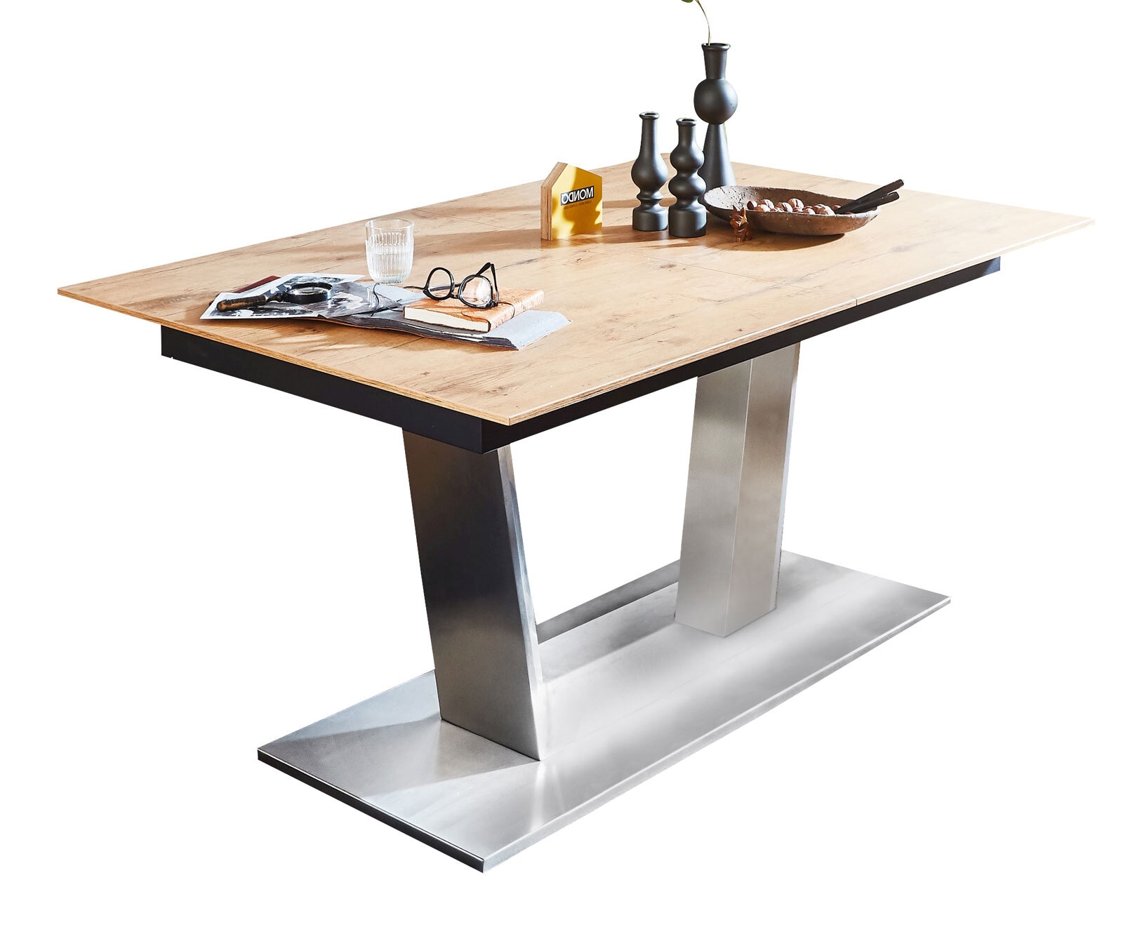 MONDO Esstisch COMEDOR 160-210 x 100 cm Edelstahl /HPL 3D Boston Eiche