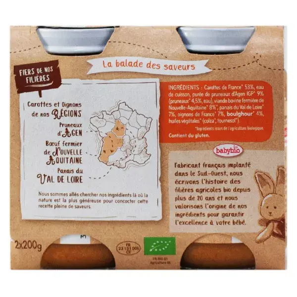 Pote de almoço Babybio orgânico de cenoura, ameixa e carne +8 meses 2 x 200g