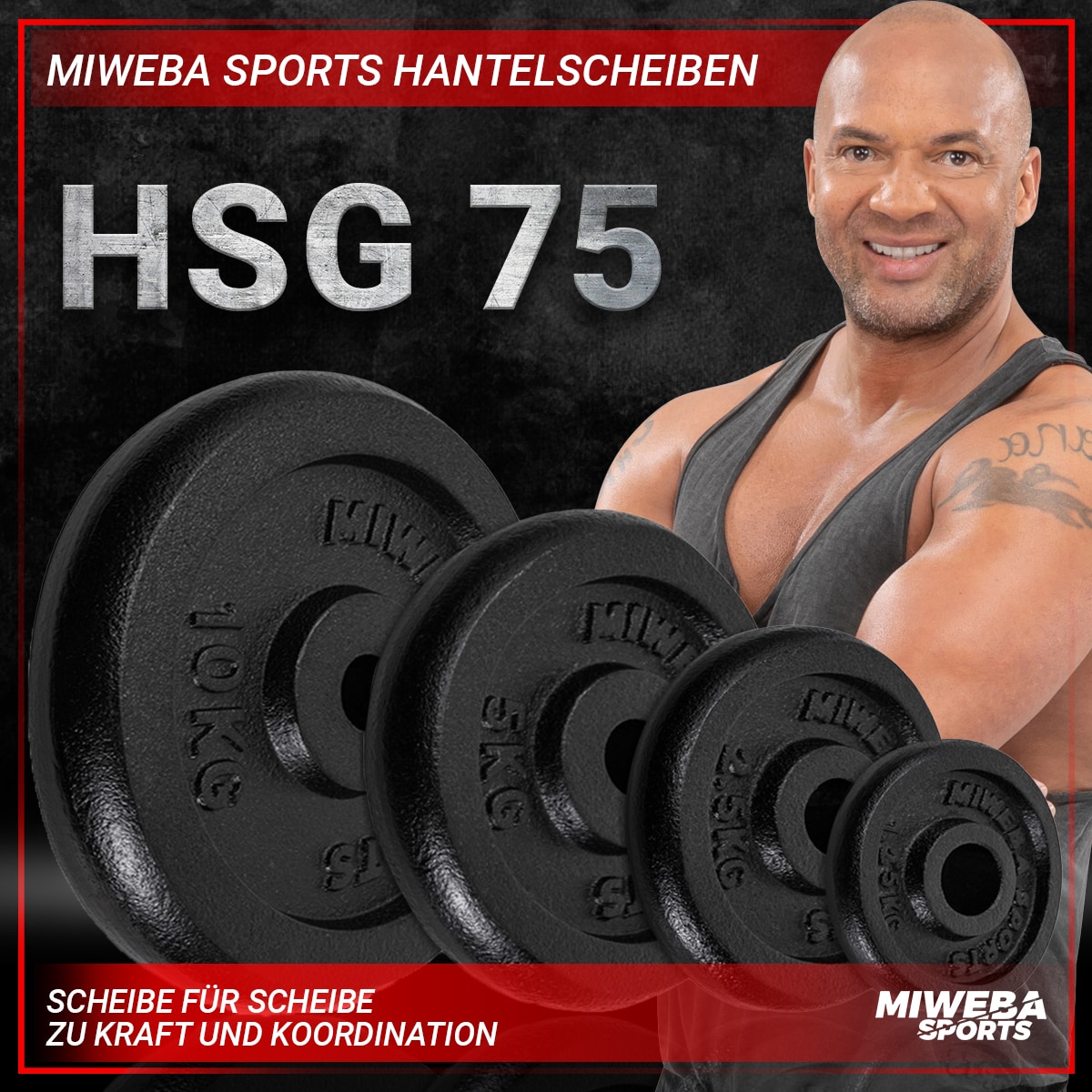 Miweba Sports Hantelscheiben HSG75, 4 x 5 kg Hantel-Gewichte, passend für Ø 30 mm, Set, Gusseisen