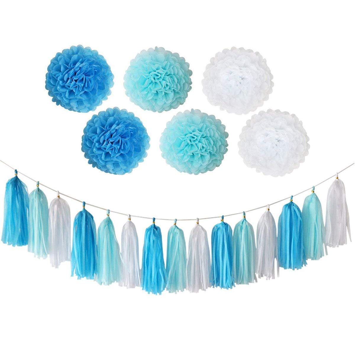 (19-tlg. Set) Happy Birthday Girlande Geburtstags Party Deko   Pompon's / Quasten / Papier Rosetten - Blau / Weiss