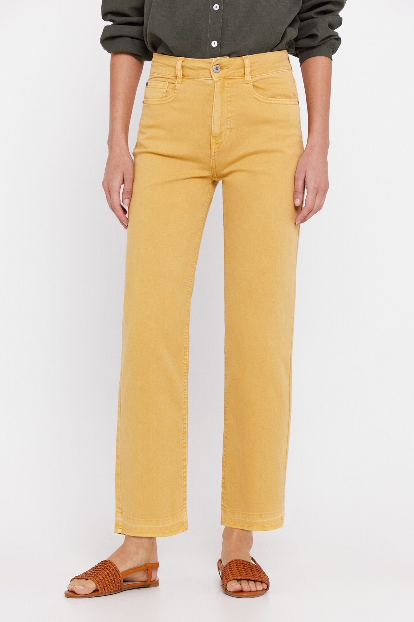 Calça jeans cropped reta bordada - Dourada