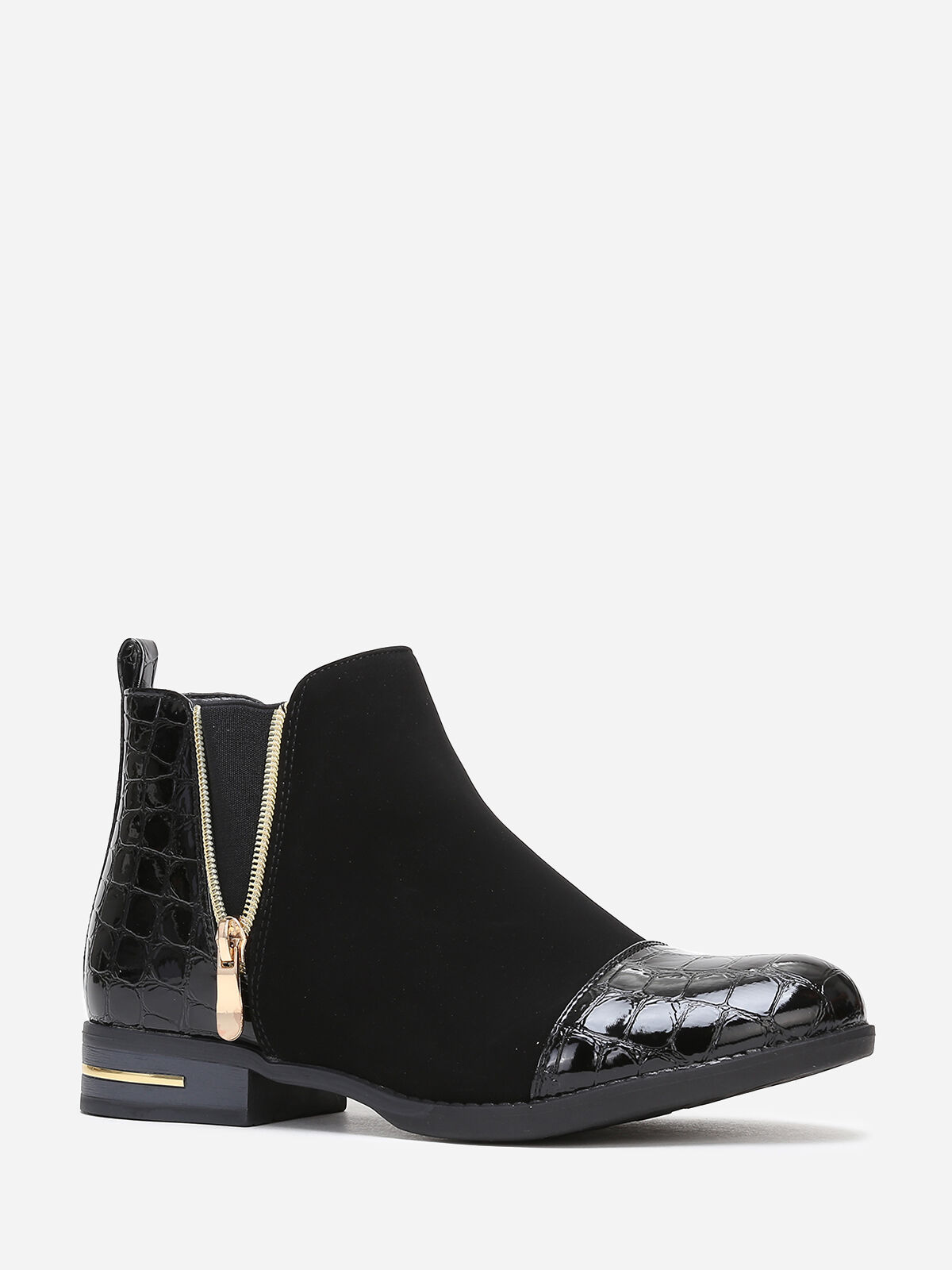 Bottines bi-matières bout vernis imprimé croco- Noir