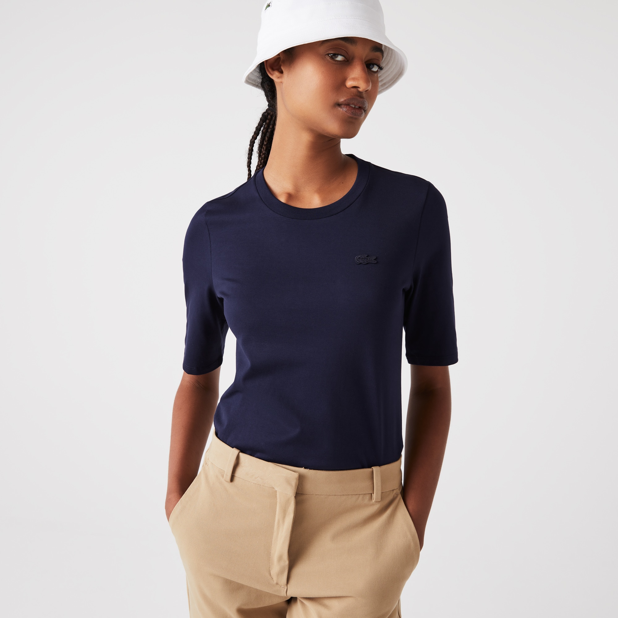 T-shirt à col rond et manches trois-quarts en coton uni T-Shirts - Bleu - Lacoste - Femme