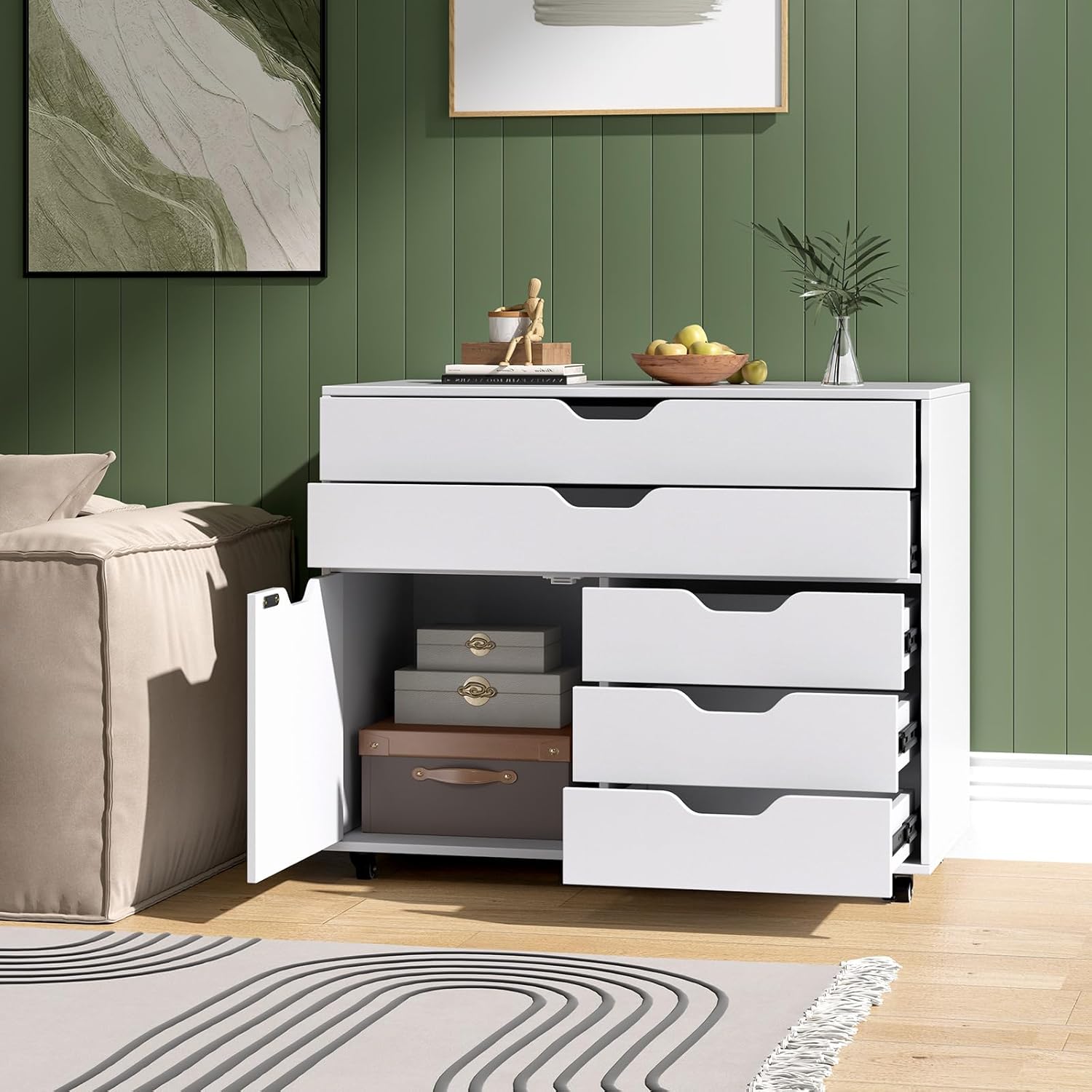 COSTWAY Rollcontainer mit 5 Schubladen & Schrank, mobiler Aktenschrank mit Rollen, Schubladenschrank mit Arbeitsplatte, Rollwagen Bürocontainer aus Holz für Zuhause, Büro, Weiß