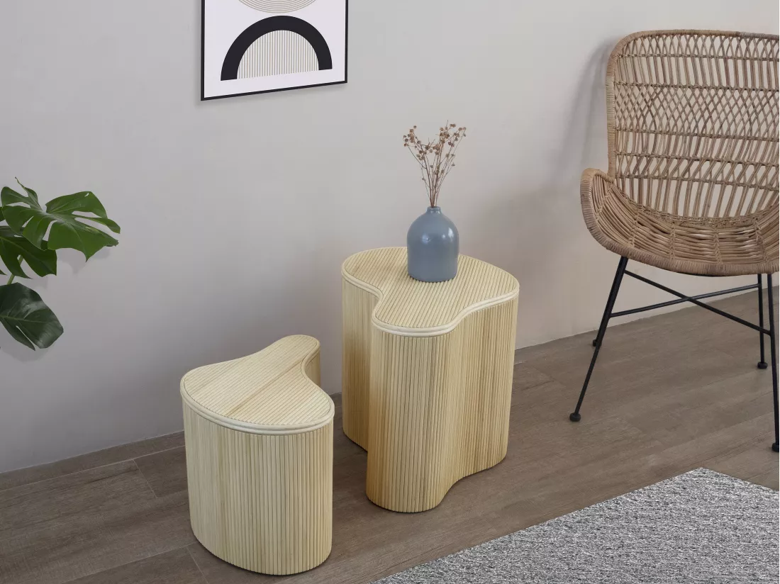 Lot de 2 tables d'appoint organiques avec rangement - Rotin - L. 52 x P. 40 x H. 45 cm et L. 43.5 x P. 30 x H. 33,5 cm - Naturel clair - MARSA