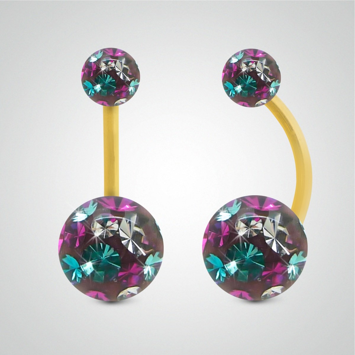 Piercing de nombril en or jaune et cristal de Swarovski multicolore turquoise (grand modèle)