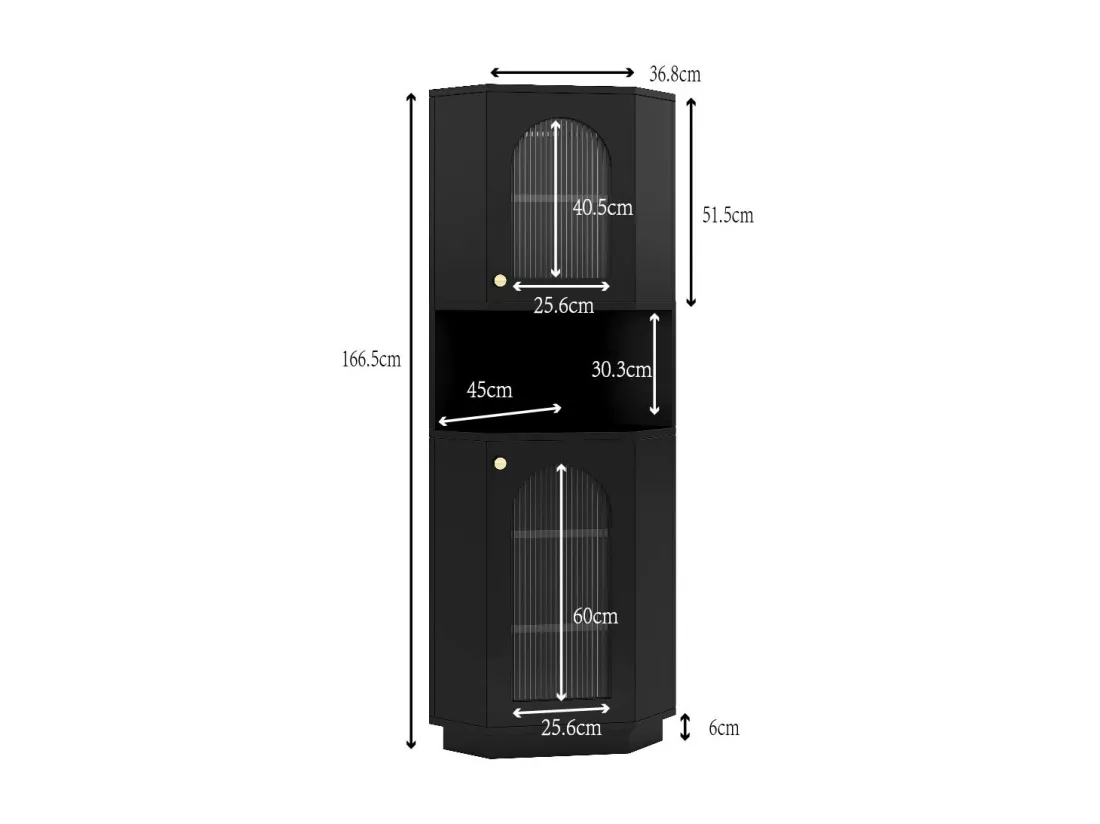 Colonne d'angle de salle de bain - 2 portes et 1 niche de rangement - 45x 45 x 166,5 cm - LEDs - MDF - Noir