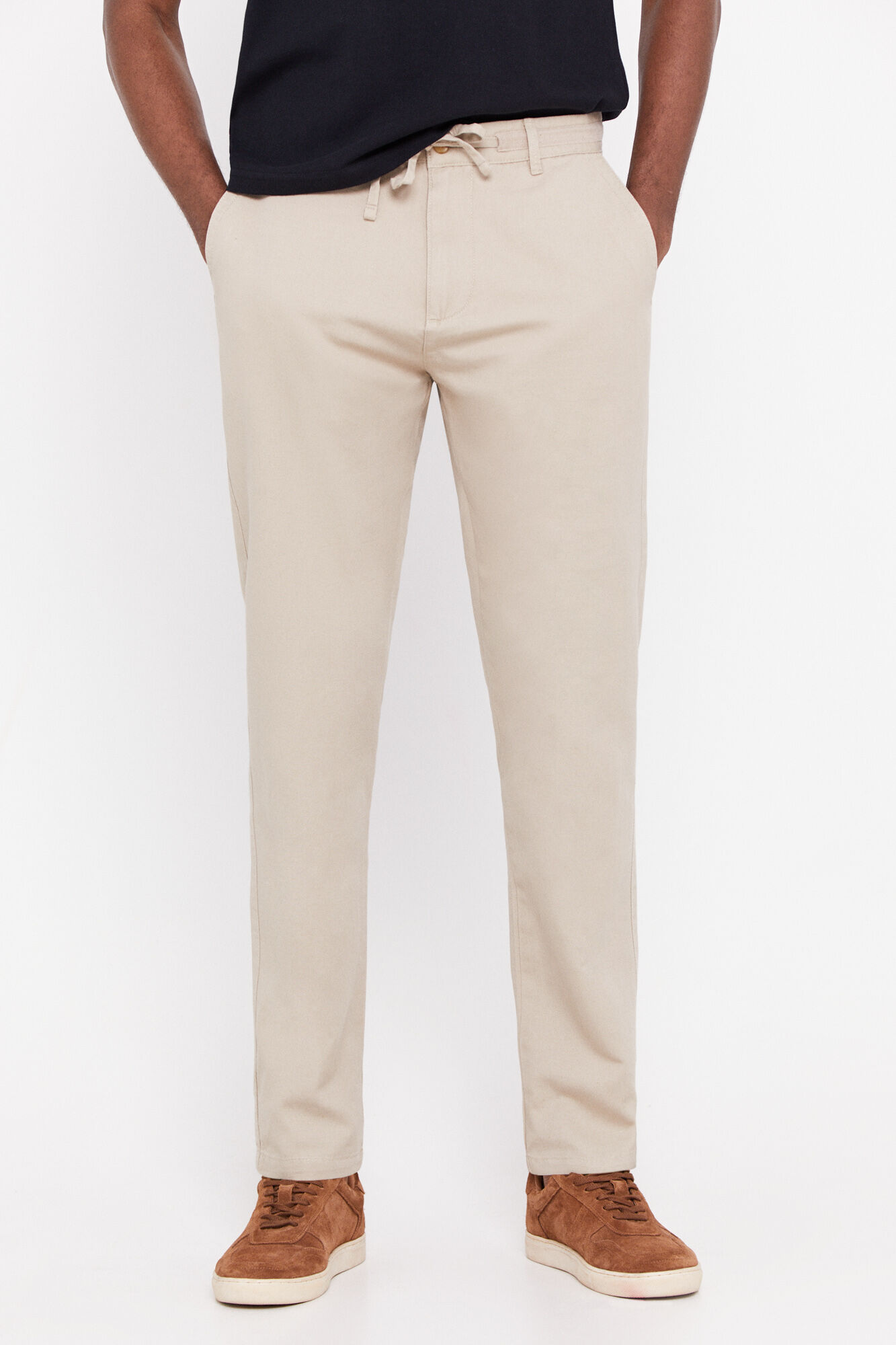Calça chino de corte regular com cordão - Bege